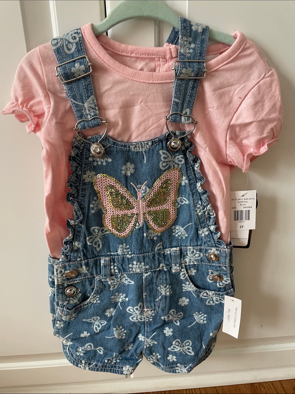 Little Lass Pink Tee with Floral Denim Butterfly Short Overalls